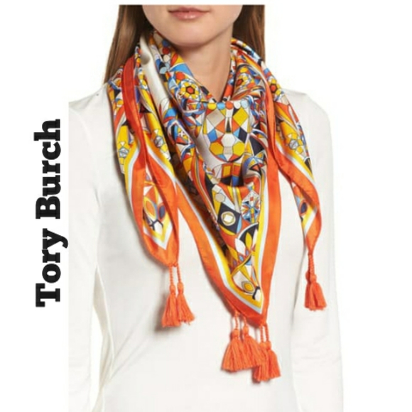 Tory Burch Accessories - NWT Tory Burch Psychedelic Geo Tasseled Silk Scarf